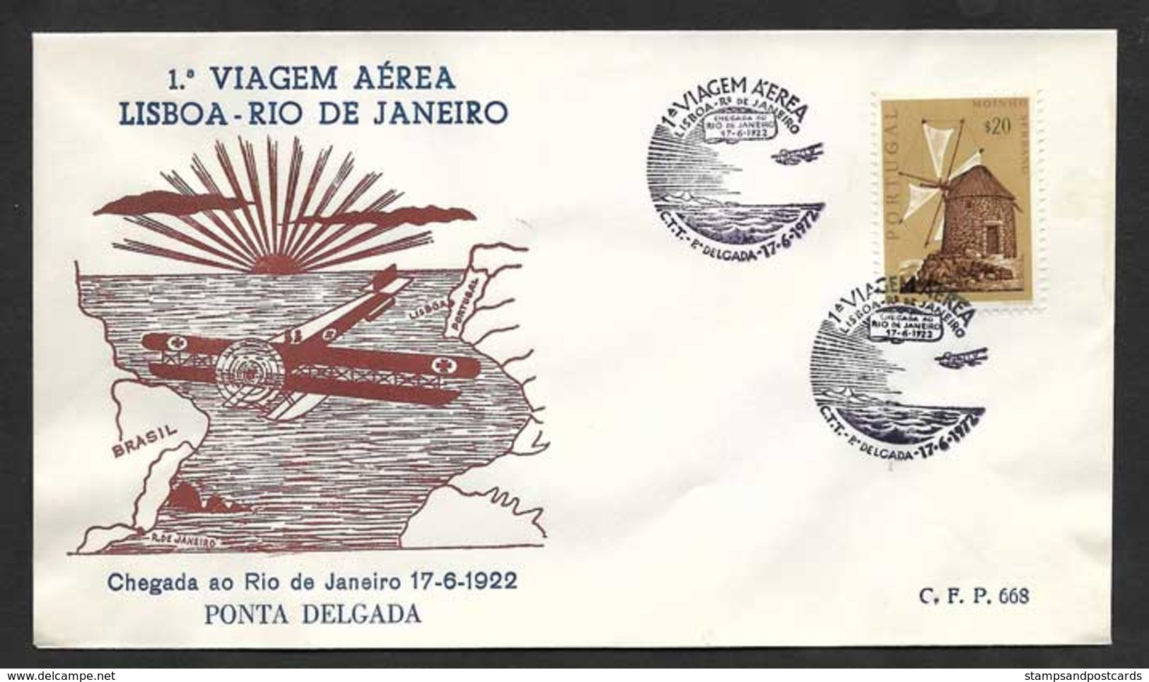 Portugal 50 Ans 1º Traversée Par Avion Atlantique Sud Gago Coutinho Cachet Commemoratif Ponta Delgada Açores Azores 1972 - Postembleem & Poststempel