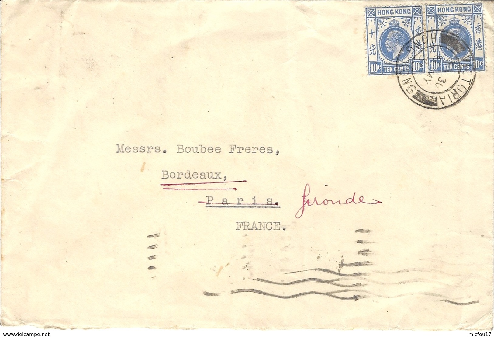 1939 - Cover Fr. Pair  10 Cents Cancer. VICTORIA  / HONG-KONG  To Bordeaux - Cartas & Documentos