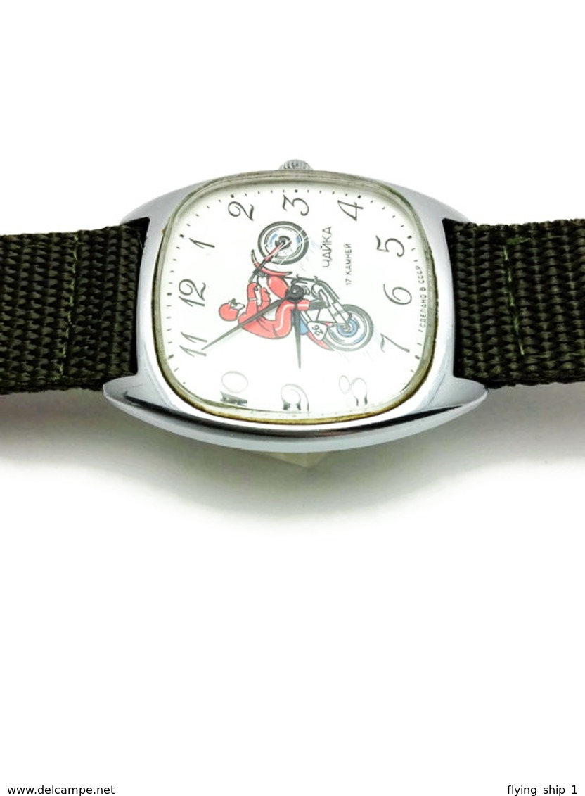 RARE! USSR 1970s Mens sport mechanical square slim watch CHAYKA Chaika (Seagull) motorcycle speedway motocross biker