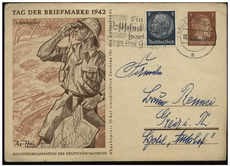 P0073 - WW II DR Ukraine 3 Pfg Hitler GS Postkarte Tag Der Briefmarke , Bild Afrikakorps : Gebraucht Mit Werbestempel - Briefe U. Dokumente