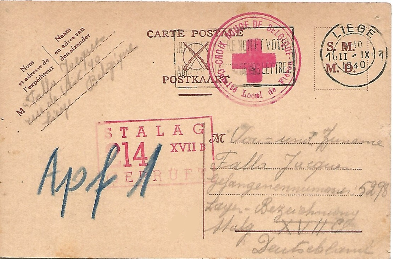 BELGIQUE Carte FM Aux 2 Fusils > Stalag XVII B 1940 Transmise Par La Croix-Rouge De Fléron - Guerre 40-45 (Lettres & Documents)