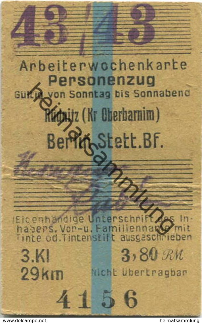 Deutschland - Arbeiterwochenkarte - Personenzug - Gültig Von Sonntag Bis Sonnabend - Rüdnitz (Kreis Oberbarnim) - Berlin - Europa