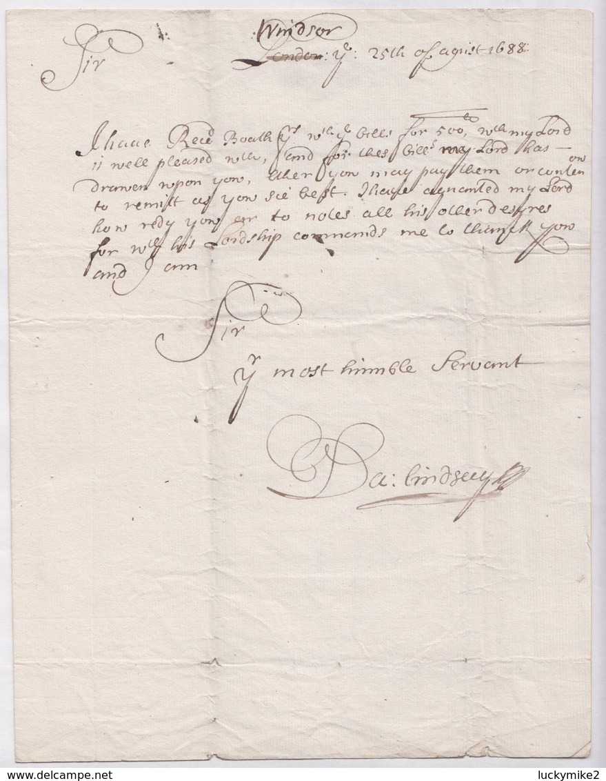 1688 letter from  "Da Lindfell (?), Windsor" "for the Laird of Kirkconnell, one of his Maj's Receivers".  ref 0559