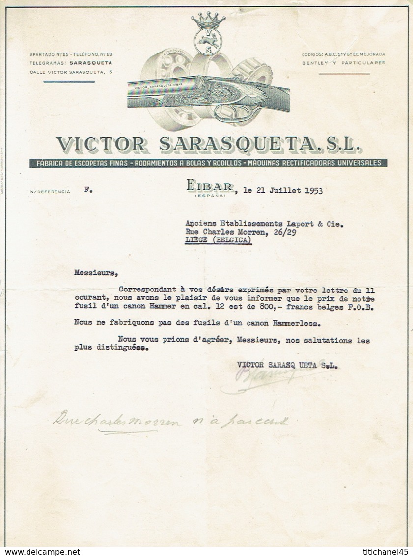 EIBAR 1953 - VICTOR SARASQUETA S.L. - Fabrica De Escopetas Finas - España