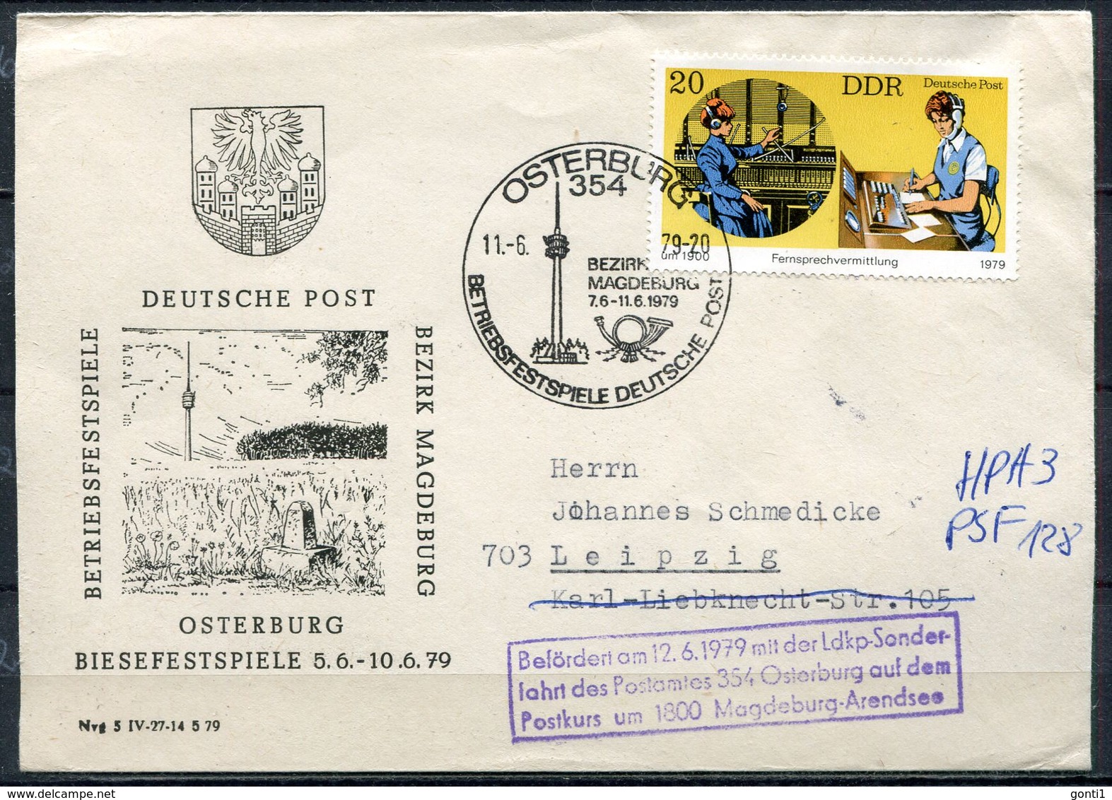 DDR,GDR 1979 Sonderbeleg Post Betriebsfestspiele Mit Mi.Nr.2400 U.SST"Osterburg-Deutsche Post Betriebsfest"1 Beleg - Post