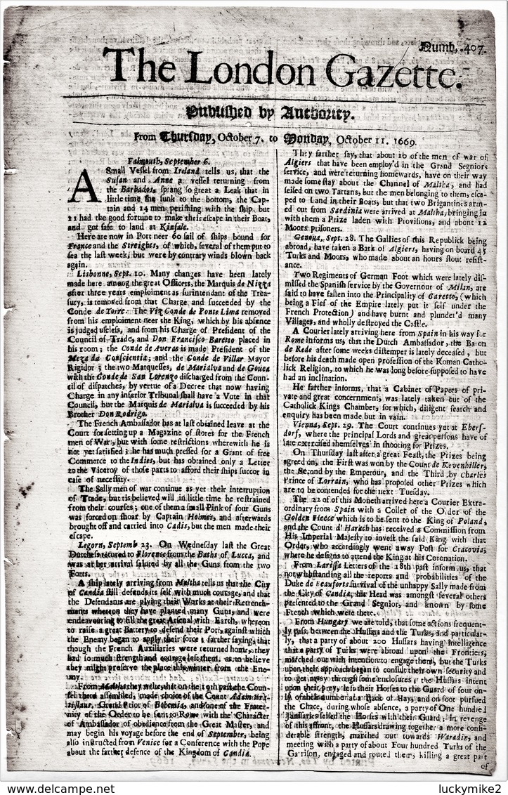 1669 London Gazette, Number 374,  An Early, Single Sheet Newspaper.  Ref 0560 - Historical Documents