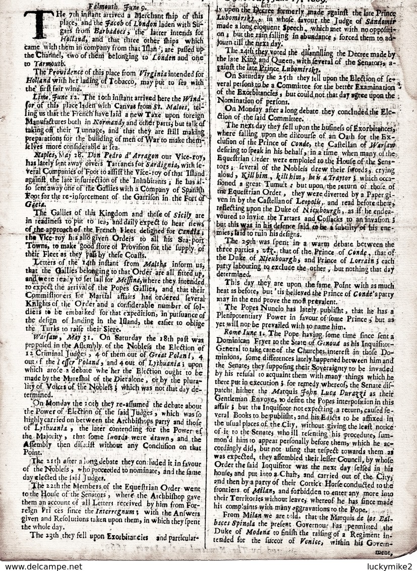 1669 London Gazette, Number 374,  An Early, Single Sheet Newspaper.  Ref 0560 - Historical Documents