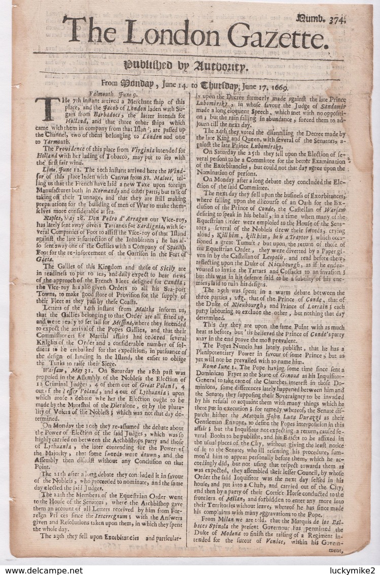 1669 London Gazette, Number 374,  An Early, Single Sheet Newspaper.  Ref 0560 - Historical Documents