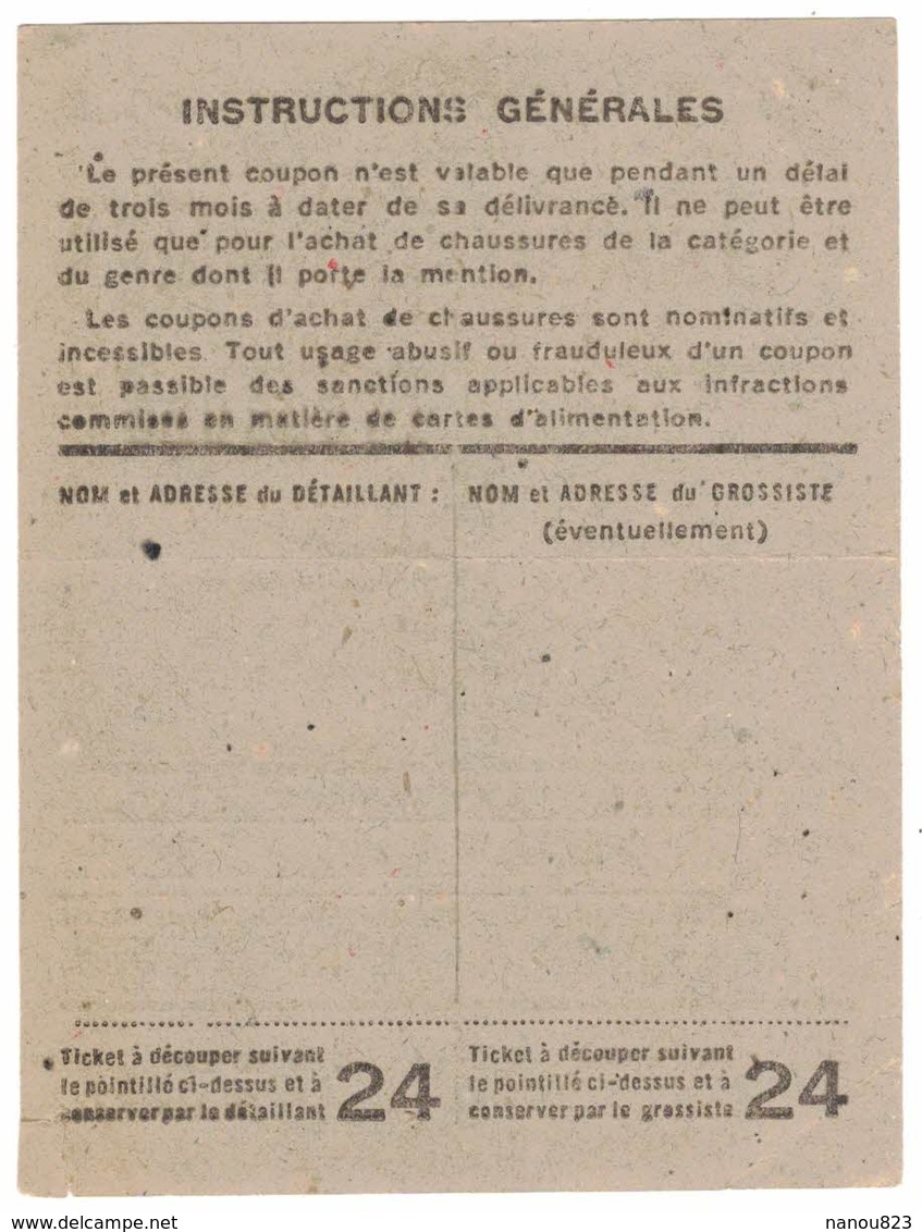 RATIONNEMENT RAVITAILLEMENT BON TICKET COUPON D'ACHAT Pour Une Paire De Chaussures Pour Hommes Ville MONT De MARSAN 1947 - Documents Historiques