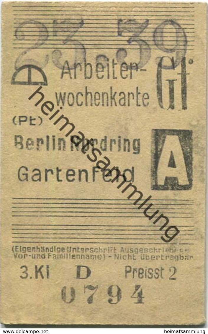 Deutschland - Arbeiterwochenkarte - Berlin Nordring - Gartenfeld - Fahrkarte 3. Klasse 1939 - Europa