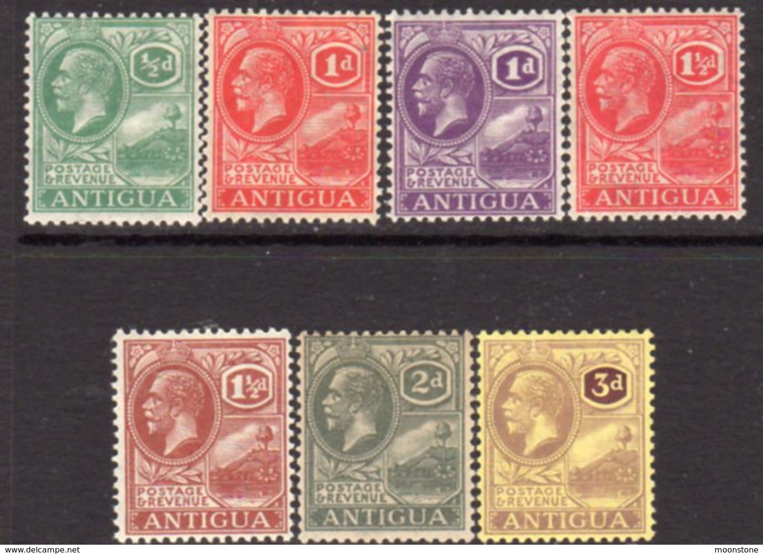Antigua GV 1921-9 Group Of 7 Definitives To 3d, Wmk, Mult. Script CA, Hinged Mint, SG 62/74 - 1858-1960 Crown Colony