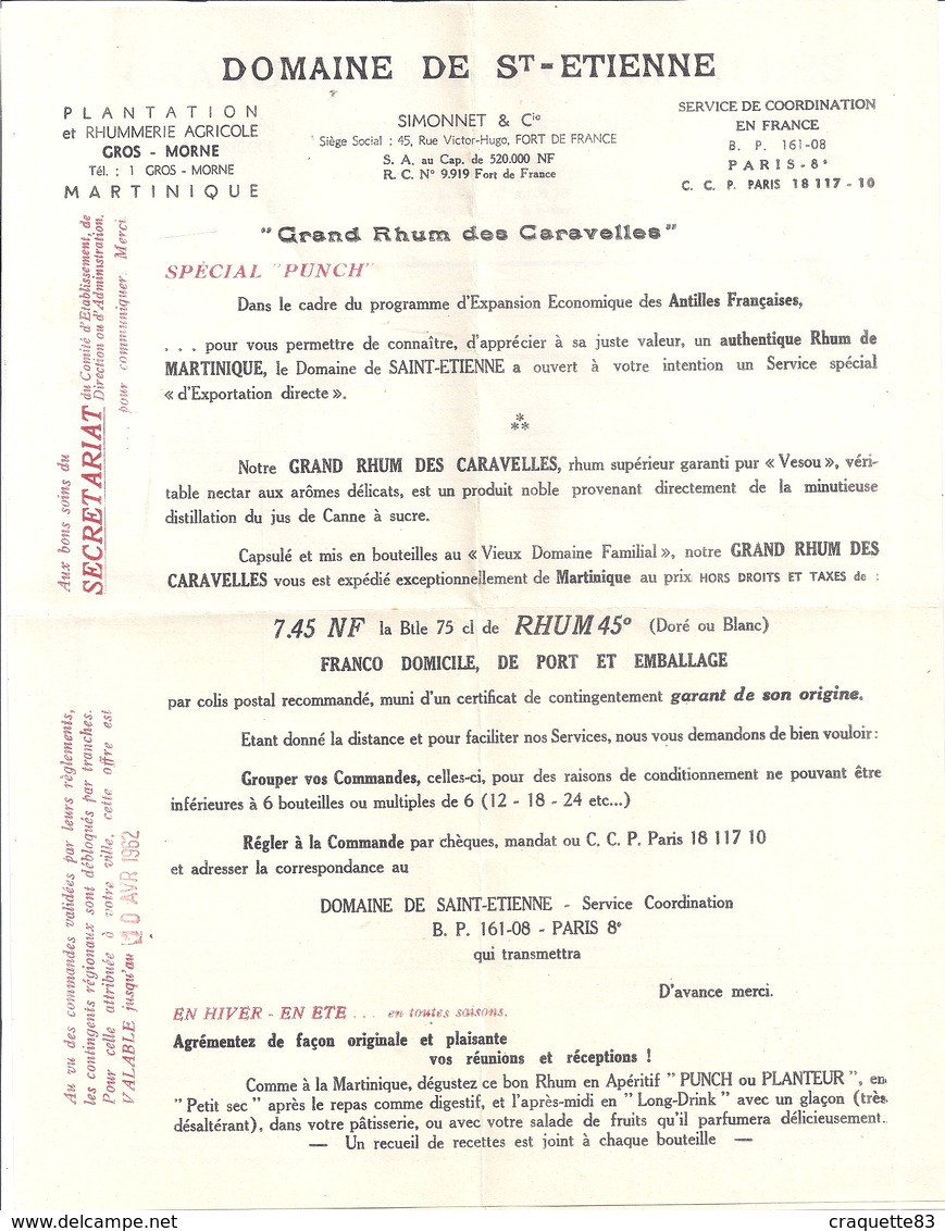 DOMAINE DE ST-ETIENNE"GRAND RHUM DES CARAVELLES"MARTINIQUE-FORT DE FRANCE-TARIF+MANDAT-CARTE +ENVELOPPE RETOUR - 1950 - ...