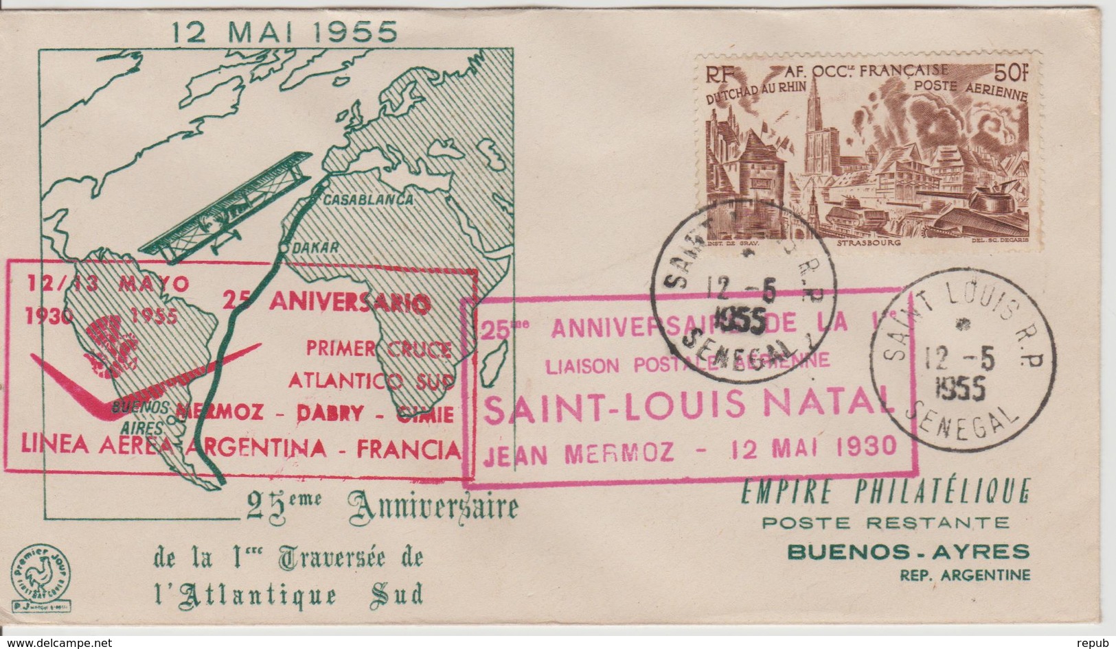 Lettre 1955 Commémoration Du 25ème Anniversaire De La Traversée De L'Atantique Par Mermoz - Storia Postale