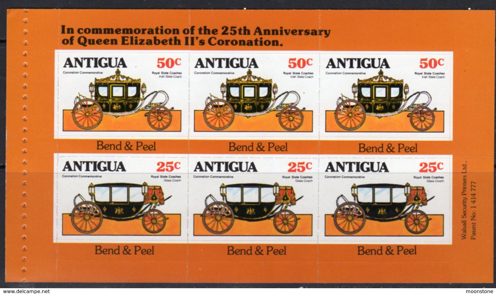 Antigua 1978 25th Anniversary Of Coronation 50c Self Adhesive Booklet Pane Of 6, MNH, SG 588a - 1960-1981 Autonomie Interne