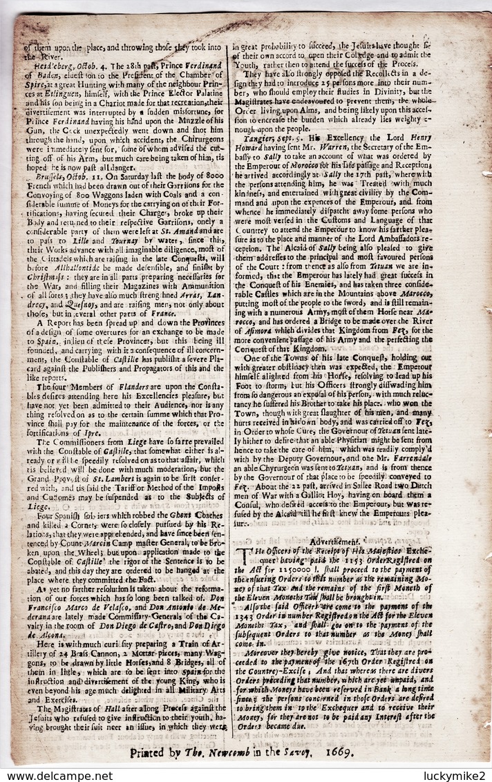 1669 London Gazette, Number 407,  An Early, Single Sheet Newspaper.  Ref 0561 - Documents Historiques