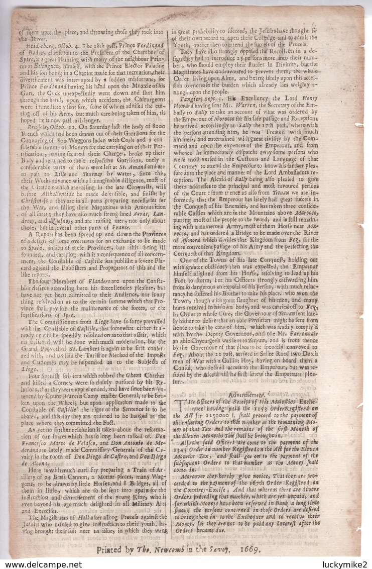 1669 London Gazette, Number 407,  An Early, Single Sheet Newspaper.  Ref 0561 - Documents Historiques