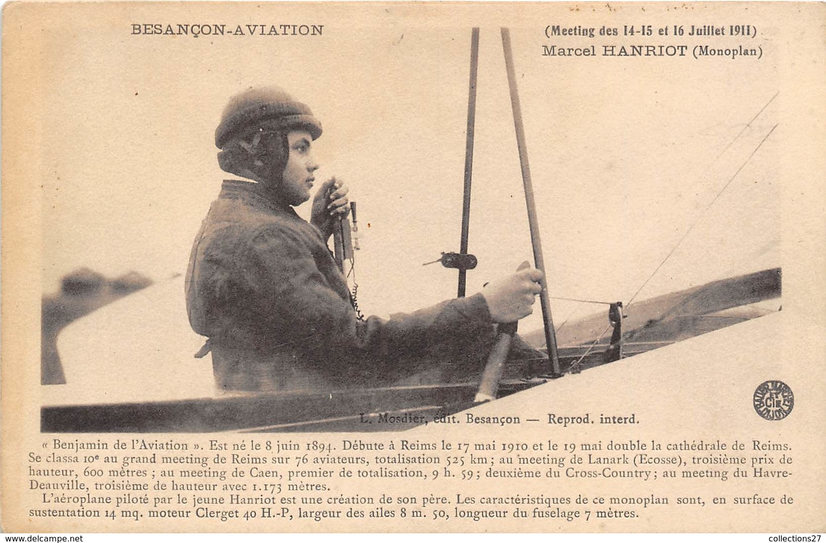 25-BESANCON- AVIATION, MARCEL HANRIOT MONOPLAN, - MEETING DES 14/15/ET 16 JUILLET 1911 - Besancon