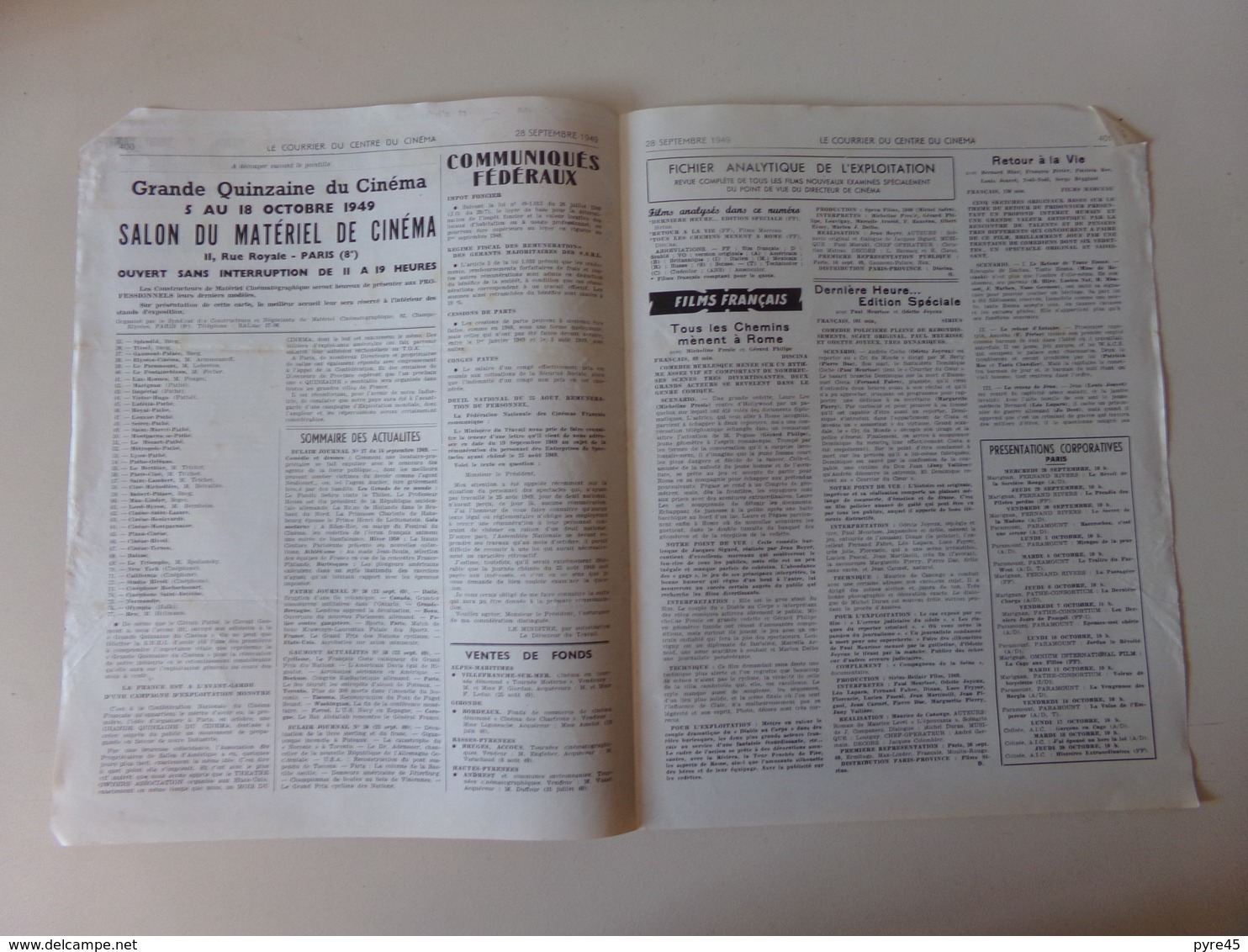 Magazine " Le Courrier Du Centre Du Cinéma " N° 111 Septembre 1949 - Magazines