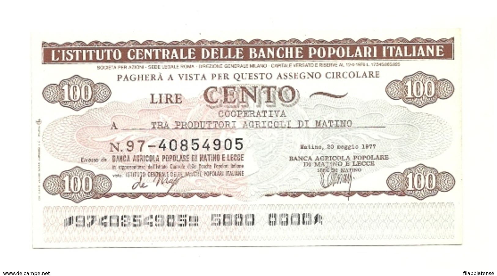 1977 - Italia - Istituto Centrale Delle Banche Popolari Italiane - Cooperativa Tra Produttori Agricoli Di Matino ---- - [10] Assegni E Miniassegni