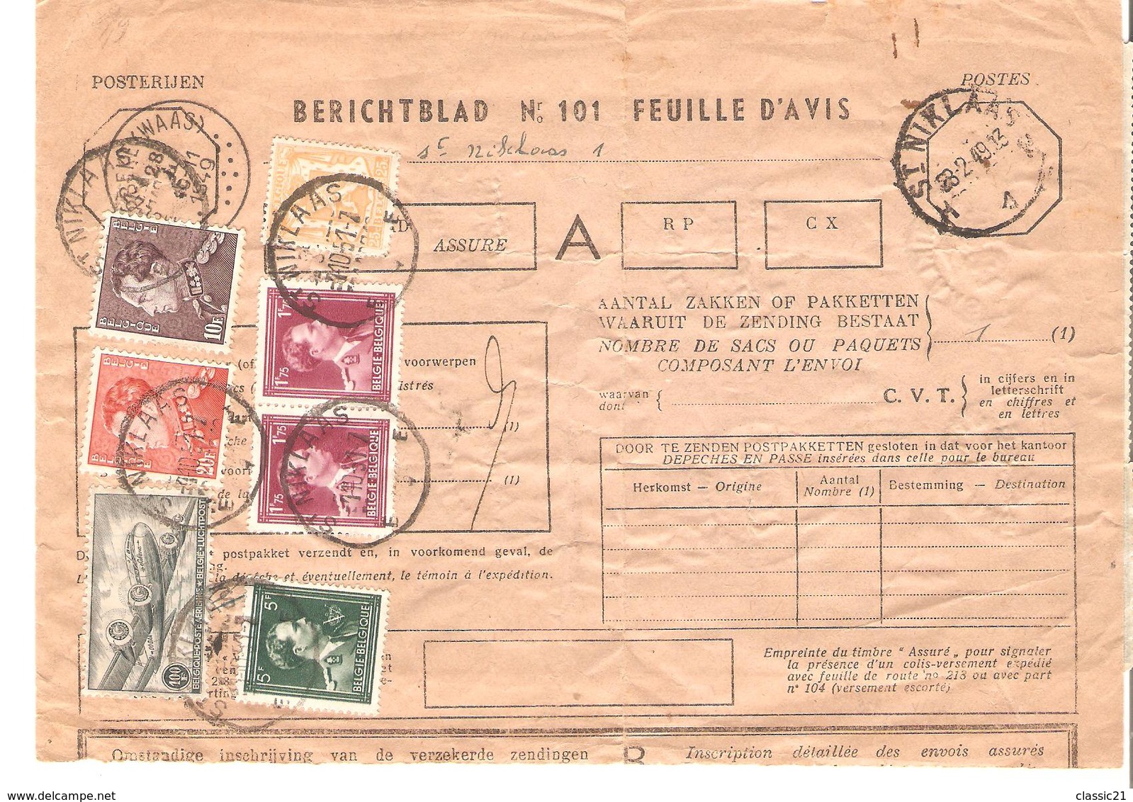 Postes Berichtblad-Feuille D'Avis Des Envois Assurés TP 710-832(2)-696-435B-434B Poortman+TPA 11(19) DC4 C.St.Niklaas - Lettres & Documents