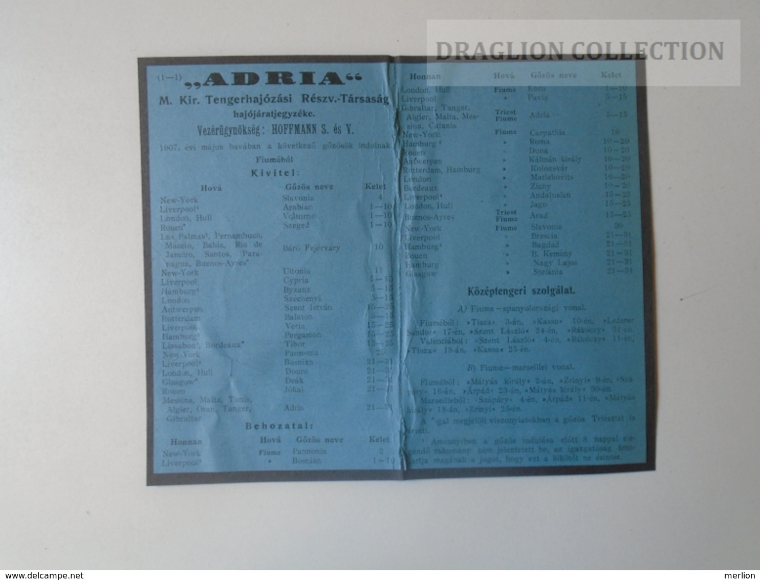 DC48.3  Timetable  ADRIA  Hungarian Royal Ship Company  1907  -FIUME Harbour Croatia - Europe