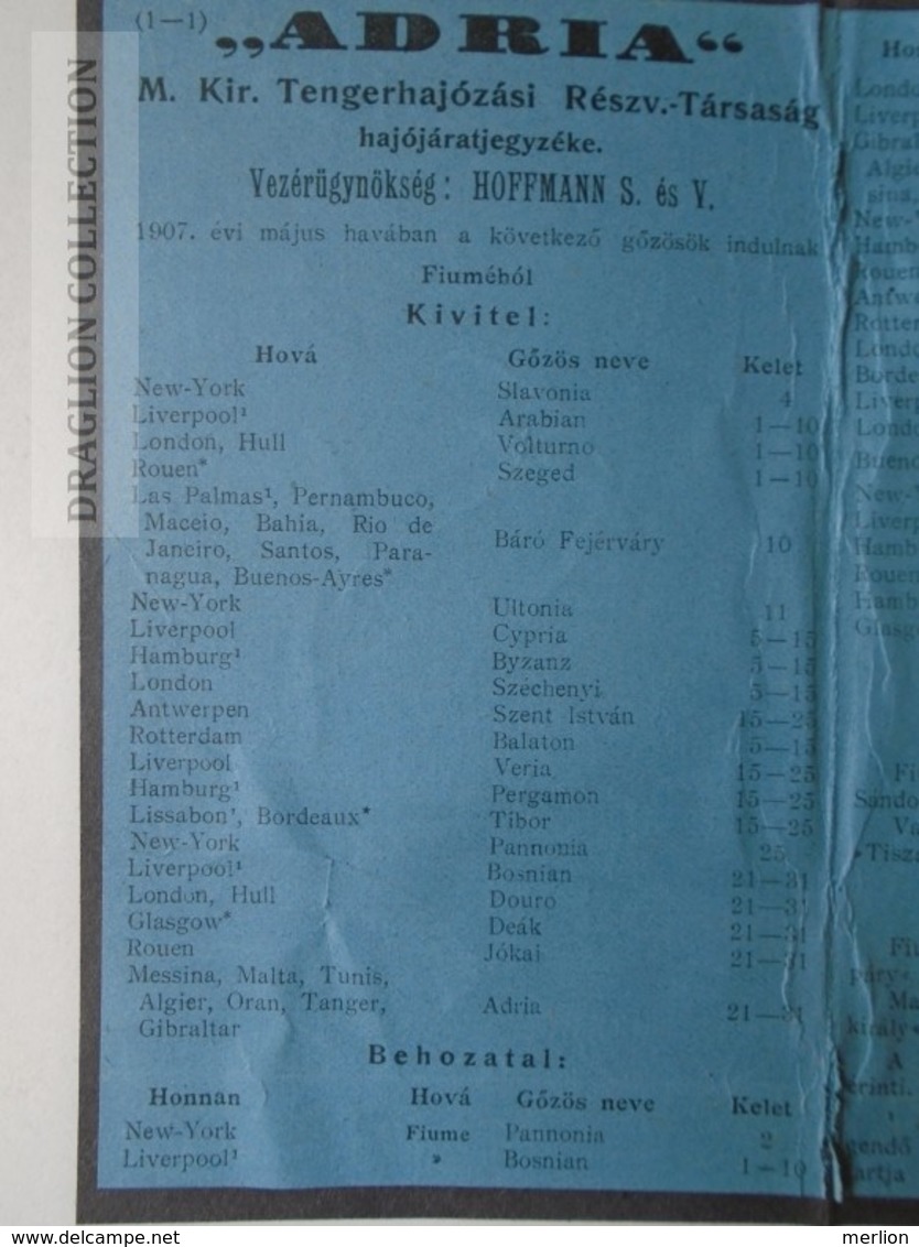 DC48.3  Timetable  ADRIA  Hungarian Royal Ship Company  1907  -FIUME Harbour Croatia - Europe