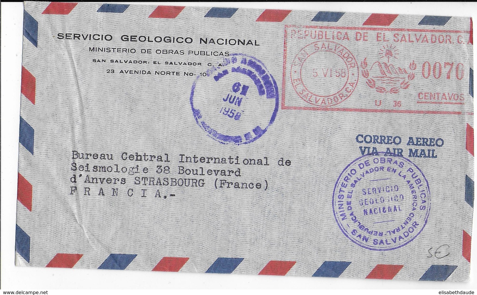 EL SALVADOR - 1958 - ENVELOPPE Par AVION Avec EMA => STRASBOURG - Salvador