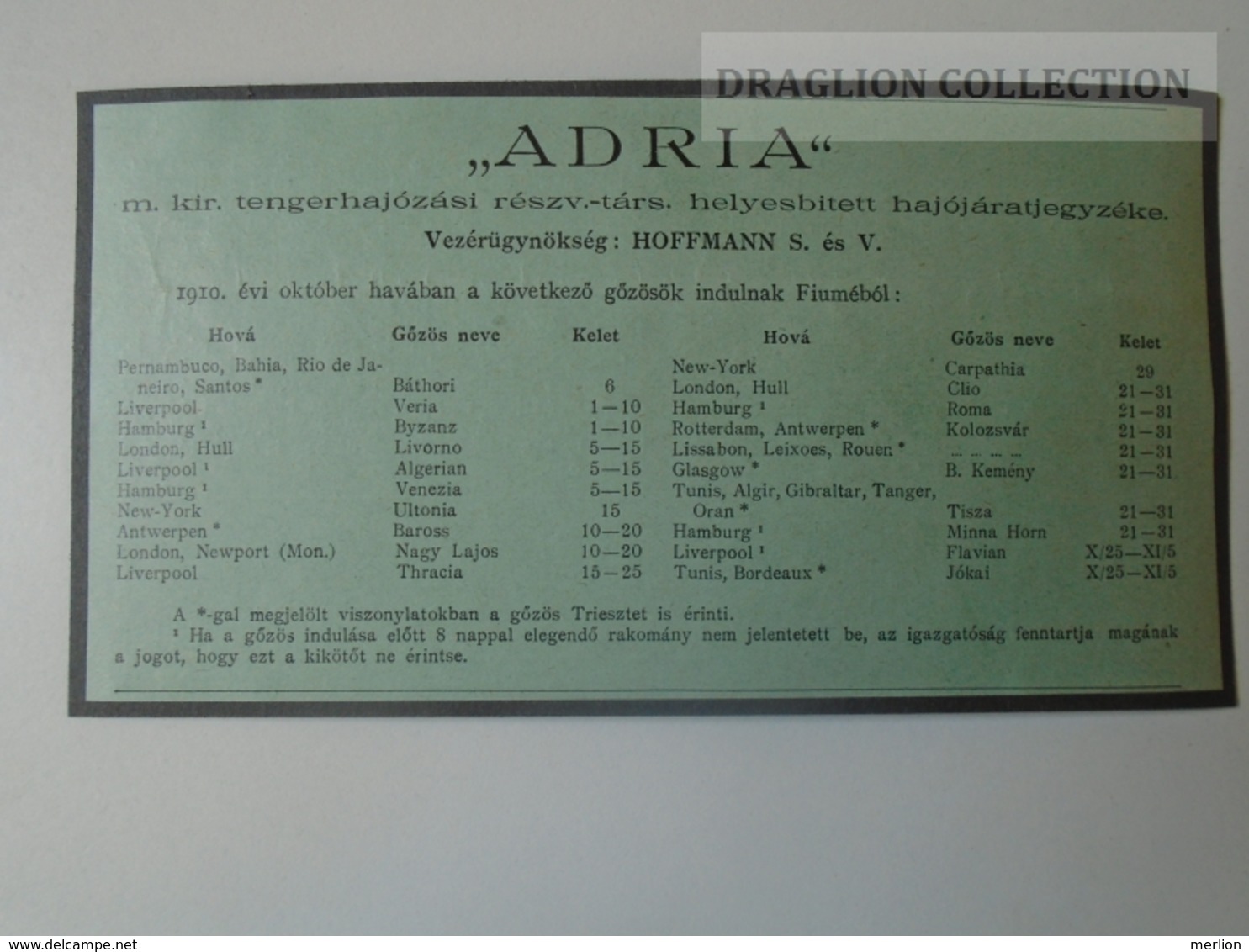 DC48.5  Timetable  ADRIA  Hungarian Royal Ship Company  1910  -FIUME Harbour Croatia - Europe