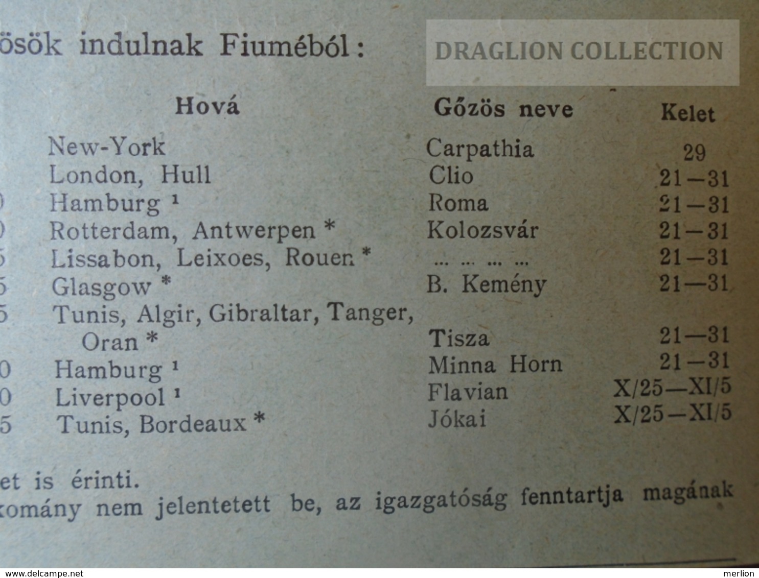 DC48.5  Timetable  ADRIA  Hungarian Royal Ship Company  1910  -FIUME Harbour Croatia - Europe