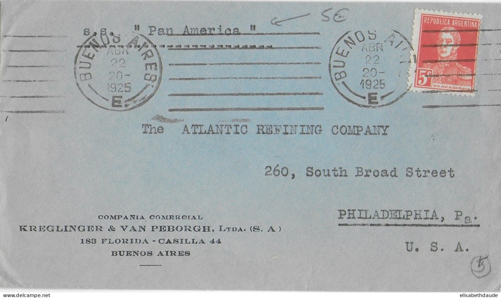 ARGENTINA - 1925 - MARITIME - ENVELOPPEde BUENOS AIRES => PHILADELPHIA (USA) Par PAQUEBOT SS "PAN AMERICA" - Lettres & Documents