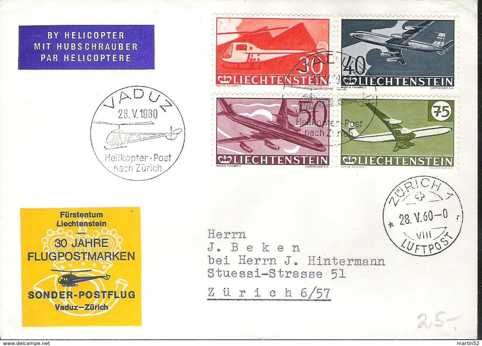 Liechtenstein 1960: Helikopter-Post Nach Zürich Ab VADUZ 28.V.1960 Mit Zu F34-37 Mi 391-394 Yv PA 34-37 (Zu CHF 35.00) - Aéreo