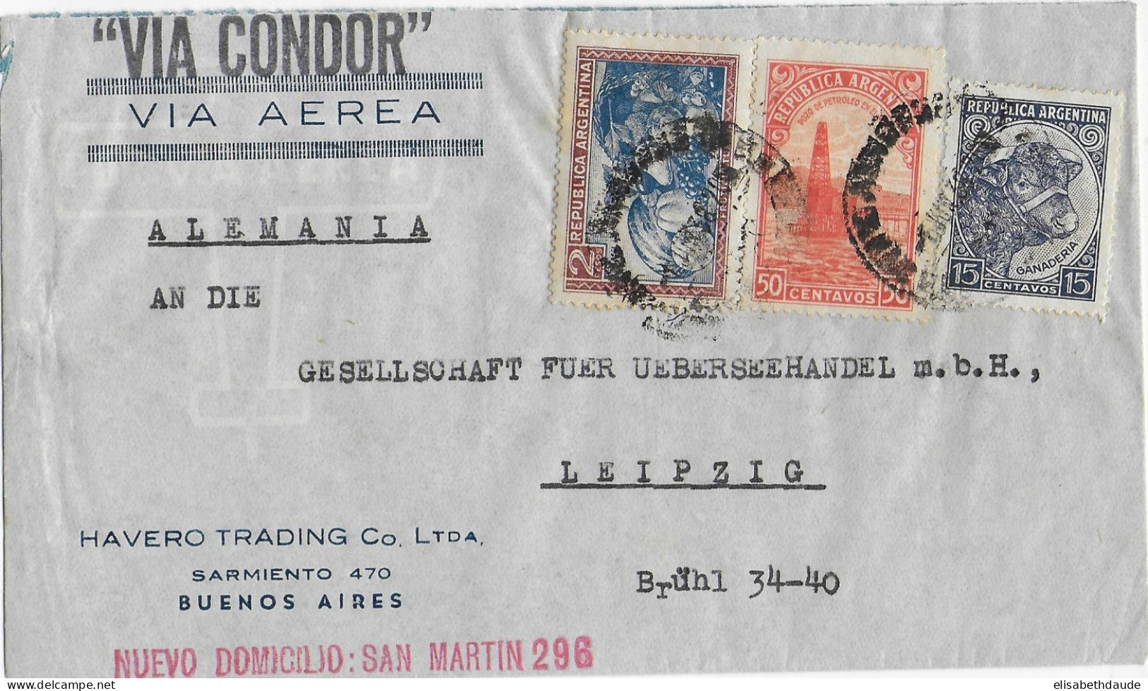 ARGENTINA - 1938 - ENVELOPPE Par AVION CONDOR De BUENOS AIRES => LEIPZIG (ALLEMAGNE) - Storia Postale