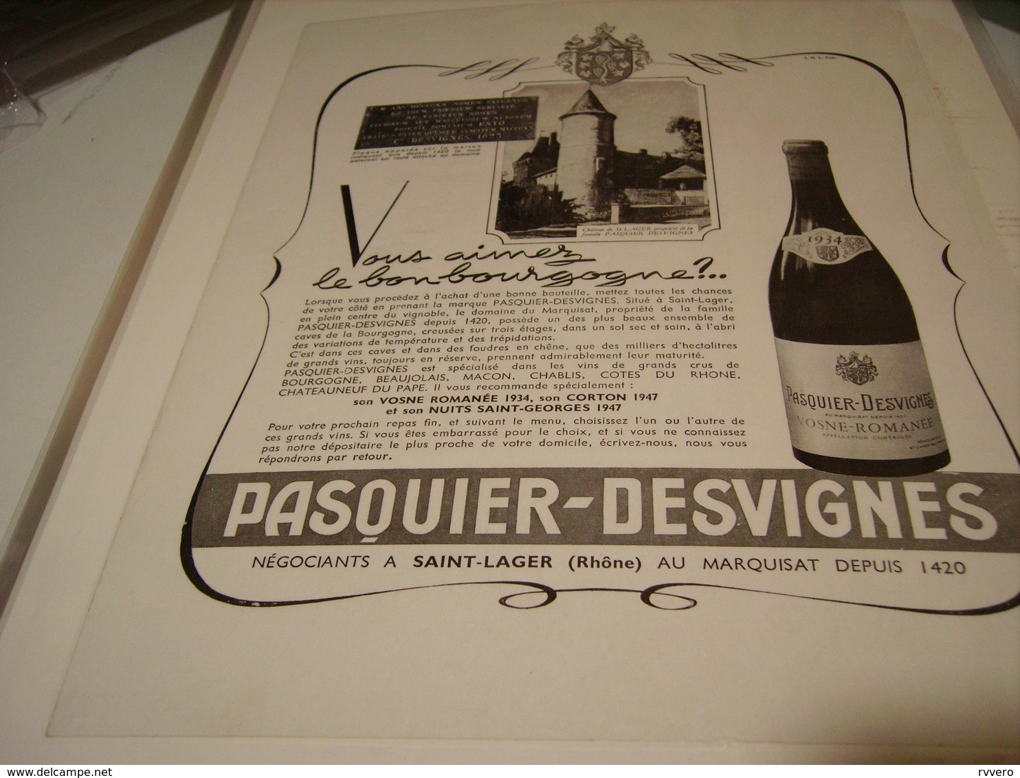 ANCIENNE PUBLICITE VIN BOURGOGNE DE PASQUIER DESVIGNES 1950 - Alcools