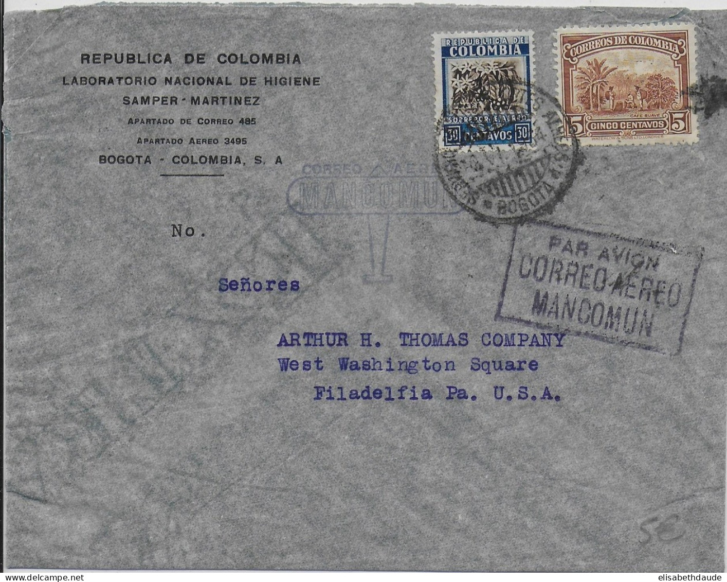 COLOMBIA - 1934 - ENVELOPPE Par AVION MANCOMUN De BOGOTA => PHILADELPHIA (USA) - Colombie