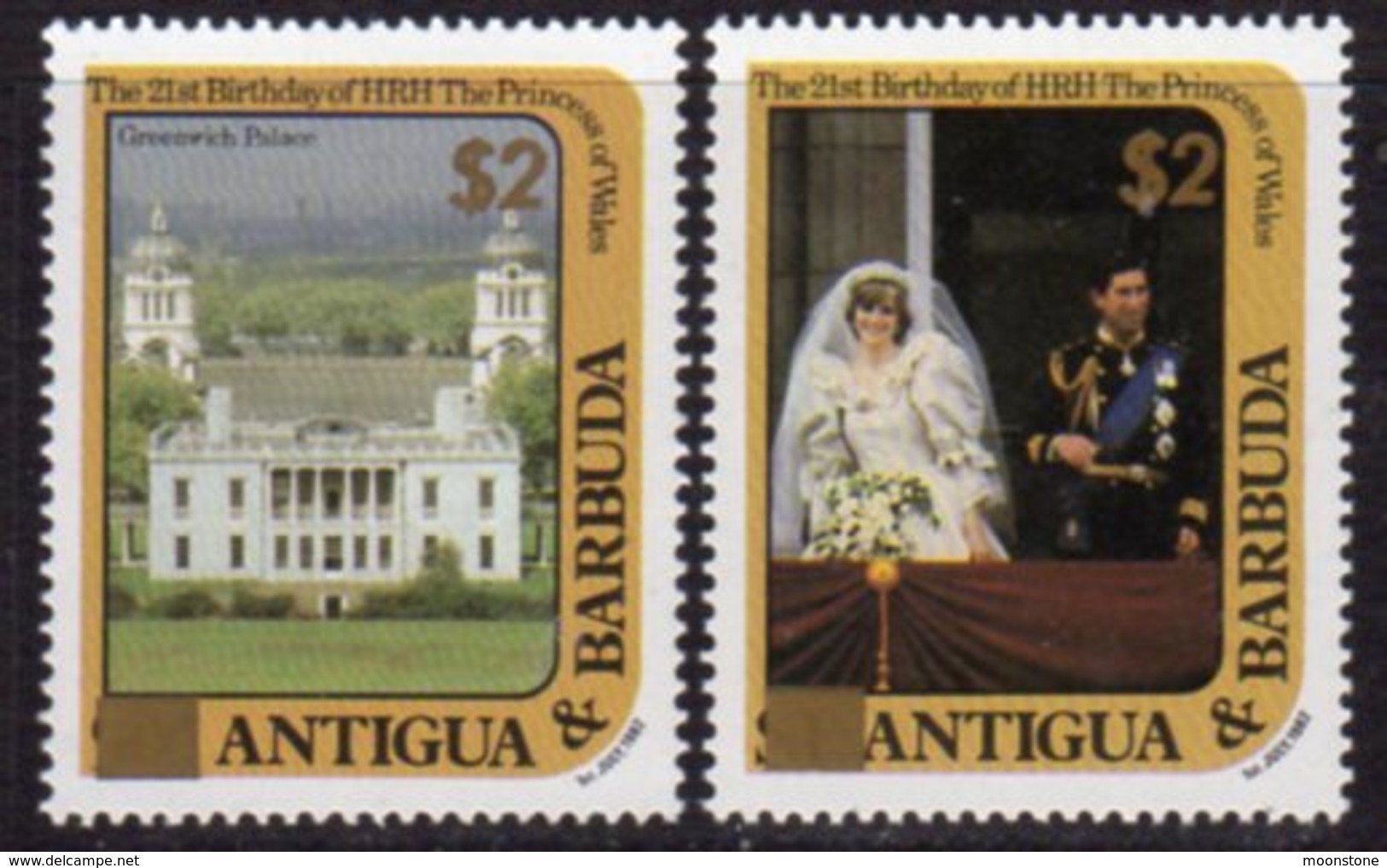 Antigua & Barbuda 1982 Princess Diana 21st Birthday Gold Surcharges Set Of 2, MNH - Antigua And Barbuda (1981-...)