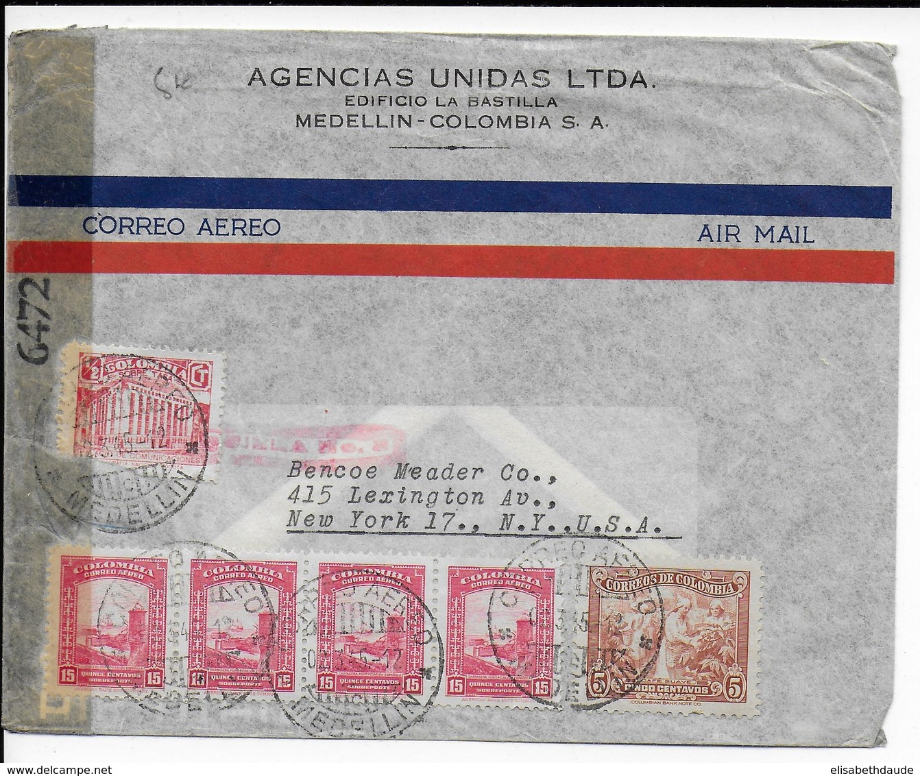 COLOMBIA - 1945 - ENVELOPPE Par AVION Avec CENSURE De MEDELLIN => NEW YORK (USA) - Colombie