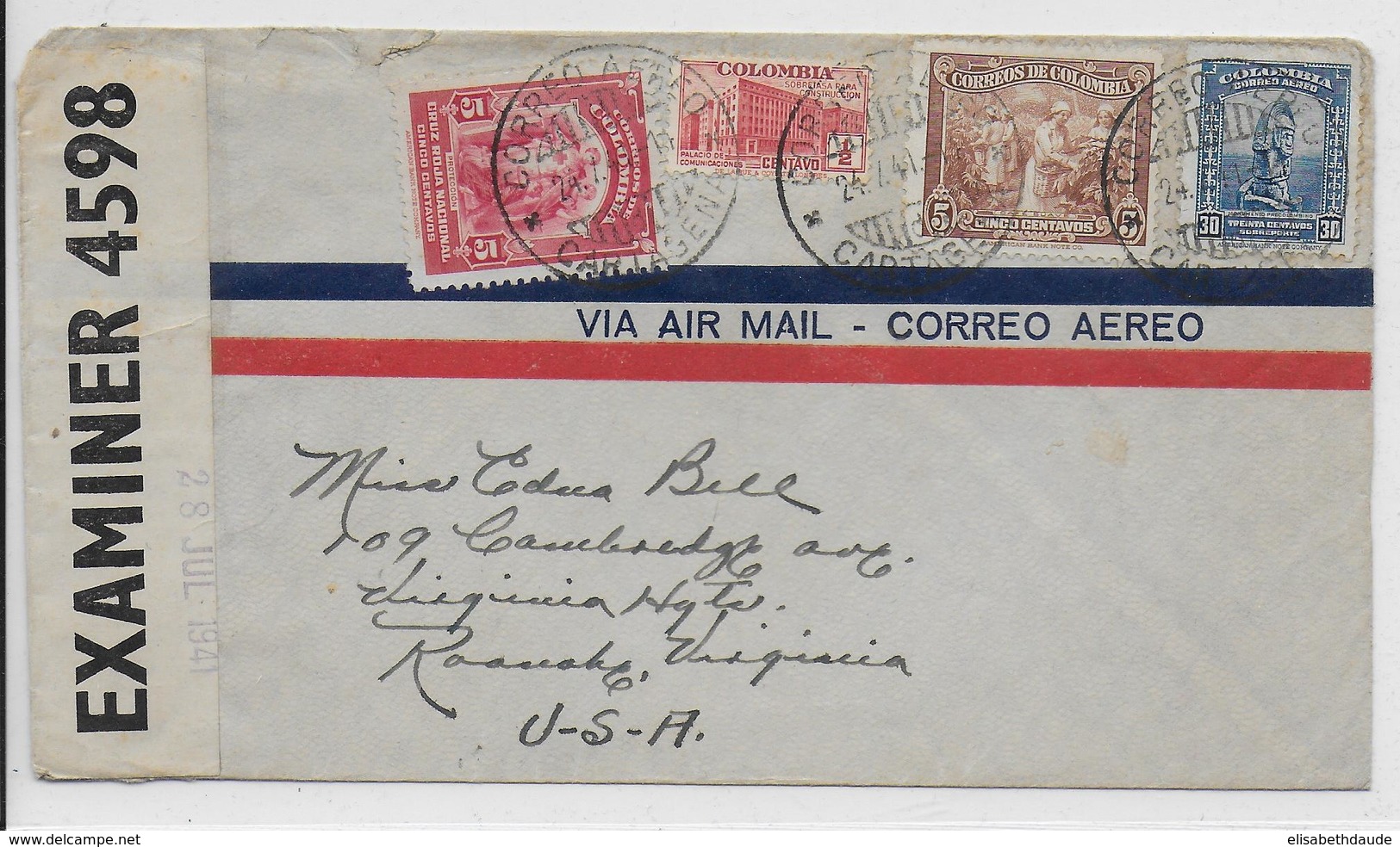 COLOMBIA - 1941 - ENVELOPPE Par AVION Avec CENSURE De CARTAGENA => VIRGINIA (USA) - Colombie