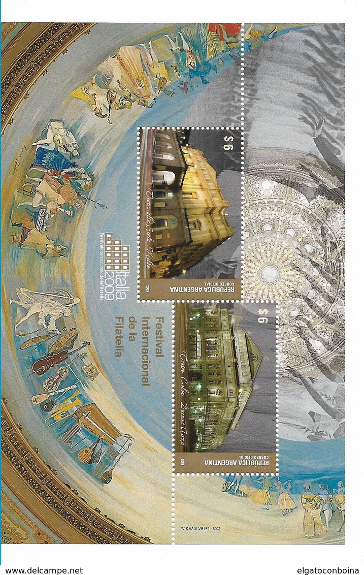 ARGENTINA 2009 INTERNATIONAL PHILATELIC FESTIVAL ITALIA 2009 SOUVENIR SHEET WITH 2 VALUES THEATERS MILAN BUENOS AIRES - Unused Stamps