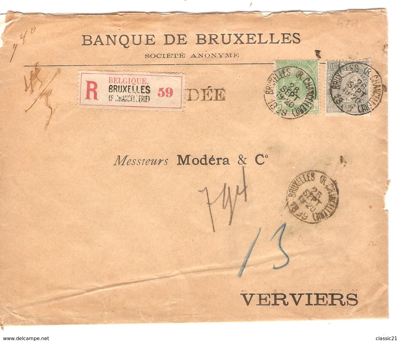 TP 56-63 FB S/L.recommandée C.BXL (R.Chancellerie) 26/9/1899 V.Verviers C.d'arrivée 2215 - 1893-1900 Schmaler Bart
