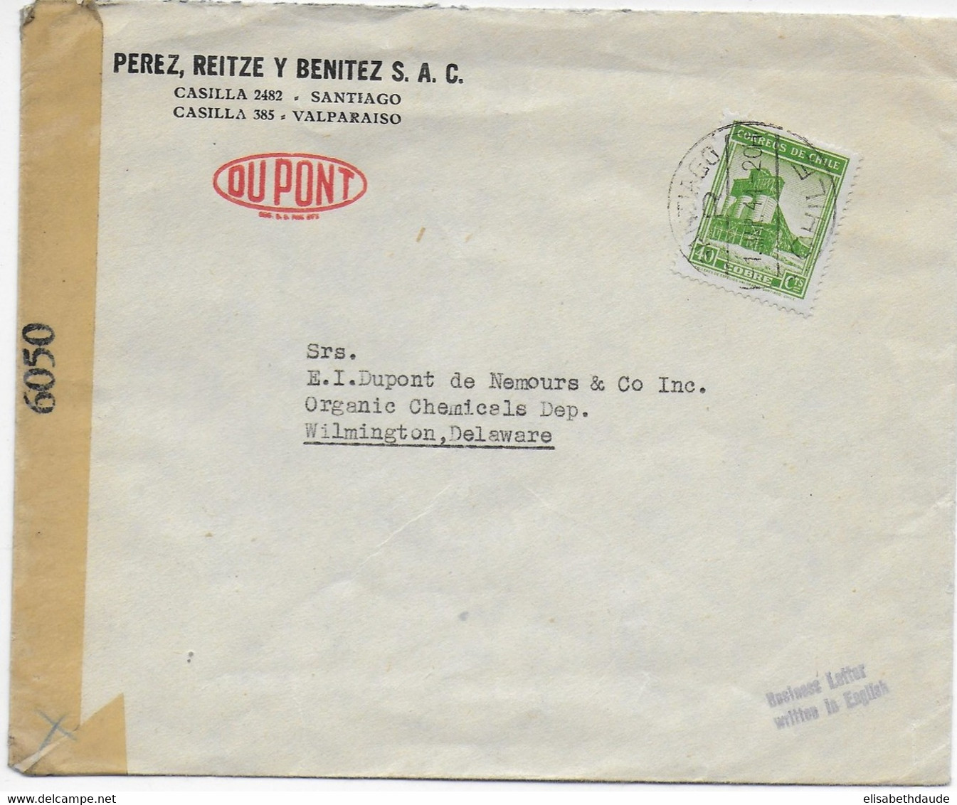 CHILE - 1944 - ENVELOPPE Avec CENSURE De SANTIAGO => WILMINGTON (USA) - Chile