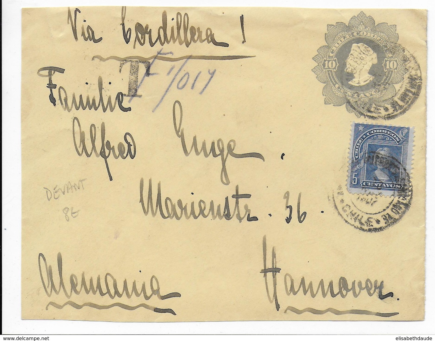 CHILE - 1907 - DEVANT (FRONT OF COVER) D'ENVELOPPE ENTIER POSTAL Avec TAXE => HANNOVER (ALLEMAGNE) - Chili