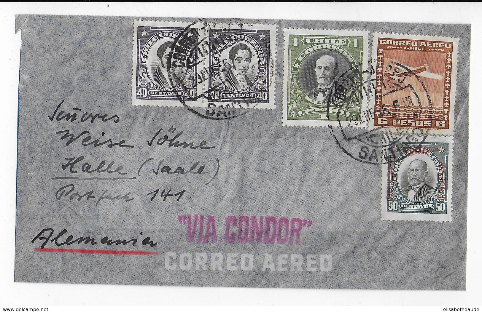 CHILE - 1956 - ENVELOPPE Par AVION CONDOR De SANTIAGO  => HALLE (ALLEMAGNE) - Chili