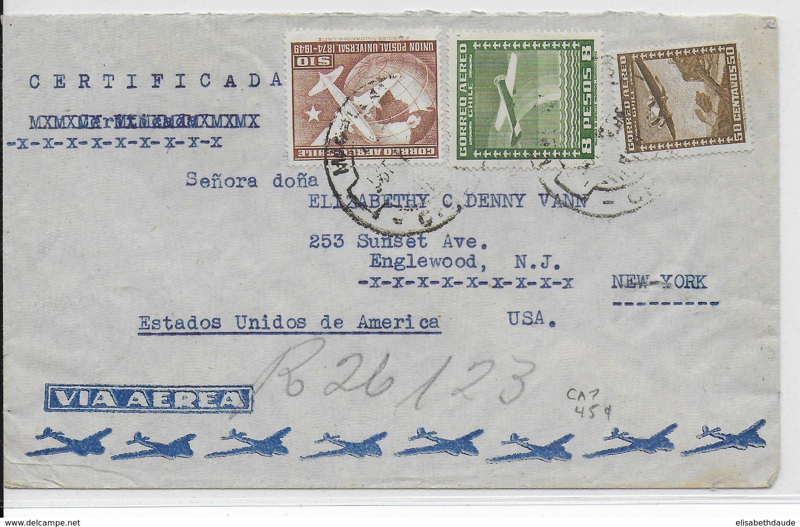 CHILE - 1952 - ENVELOPPE RECOMMANDEE Par AVION De PUNTA ARENAS (VIGNETTE AU DOS) => ENGLEWOOD (USA) - Chile