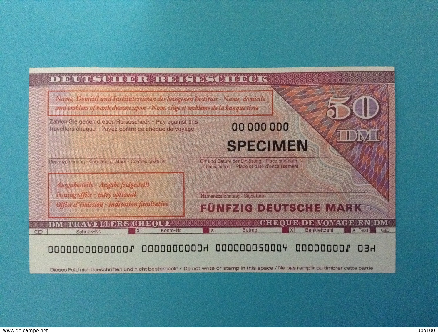 50 DM TRAVELLERS CHEQUE SPECIMEN DEUTSCHER REISESCHECK FUNFZIG DEUTSCHE MARK - Altri & Non Classificati