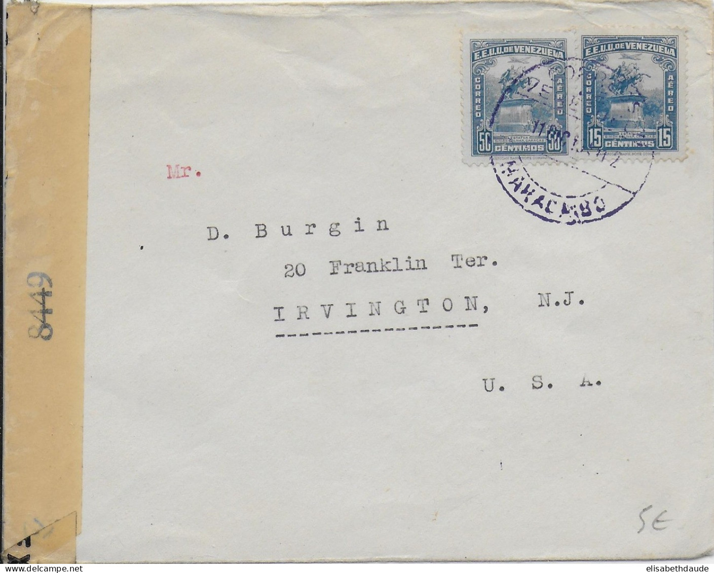 VENEZUELA - 1942 - ENVELOPPE Avec CENSURE De MARACAIBO => IRVINGTON (USA) - Venezuela