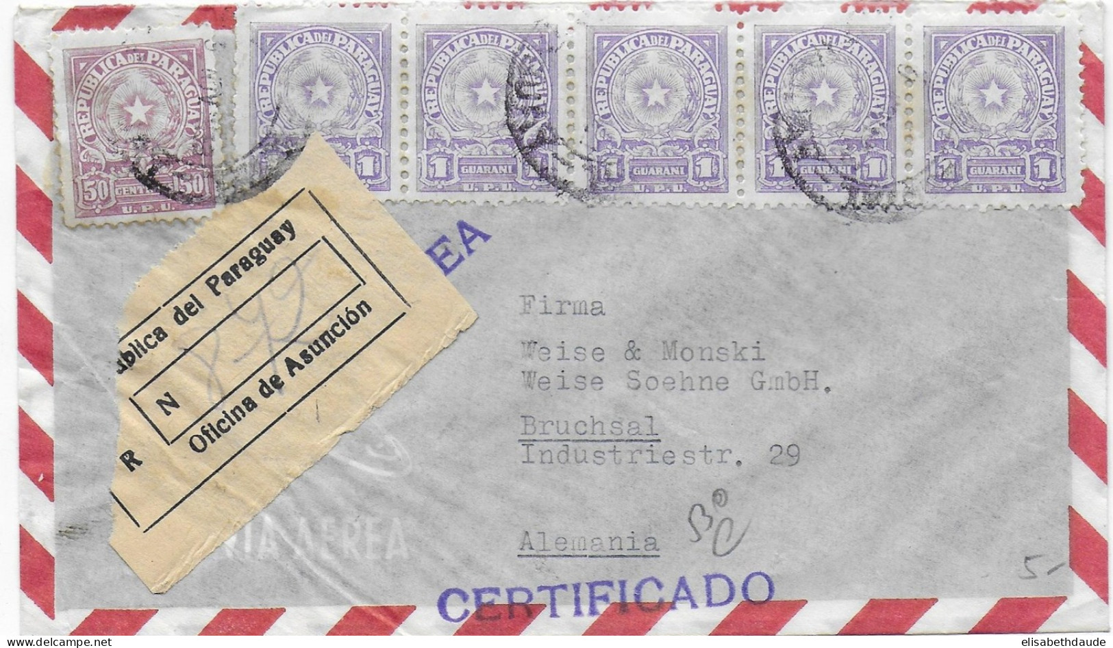 PARAGUAY - 1953 - ENVELOPPE RECOMMANDEE Par AVION De ASUNCION => BRUCHSAL (ALLEMAGNE) - Paraguay