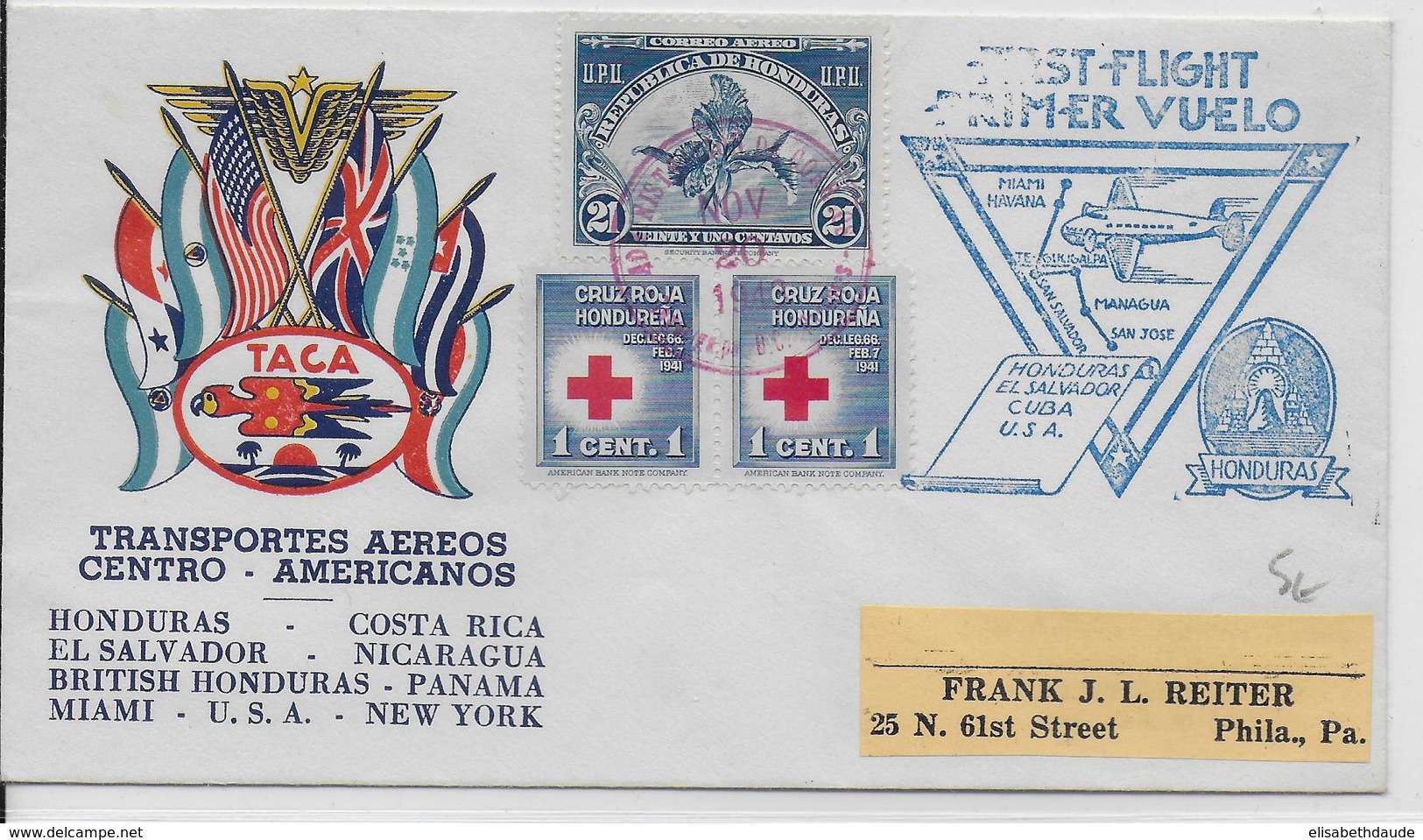 HONDURAS - 1943 - ENVELOPPE 1° VOL => COSTA RICA, EL SAVADOR, NICARAGUA, BRITISH HONDURAS, PANAMA, USA - Honduras