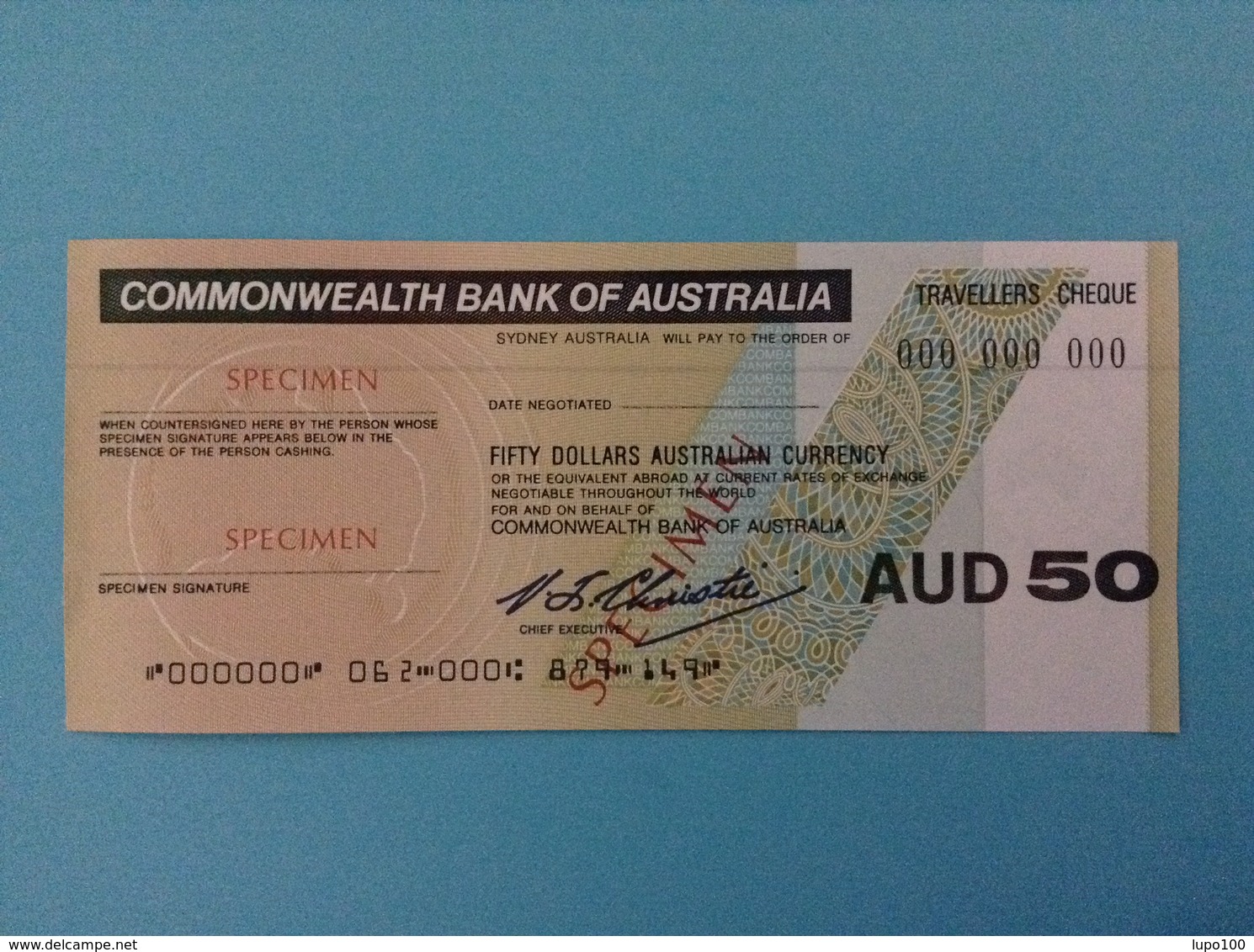 50 TRAVELLERS CHEQUE SPECIMEN FIFTY DOLLARS AUSTRALIAN CURRENCY COMMONWEALTH BANK OF AUSTRALIA - Specimen