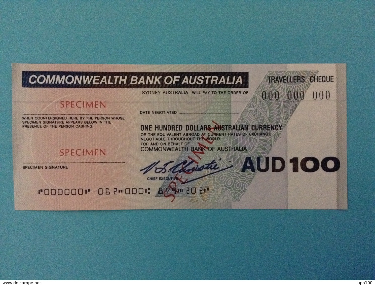 100 TRAVELLERS CHEQUE SPECIMEN ONE HUNDRED DOLLARS AUSTRALIAN CURRENCY COMMONWEALTH BANK OF AUSTRALIA - Specimen