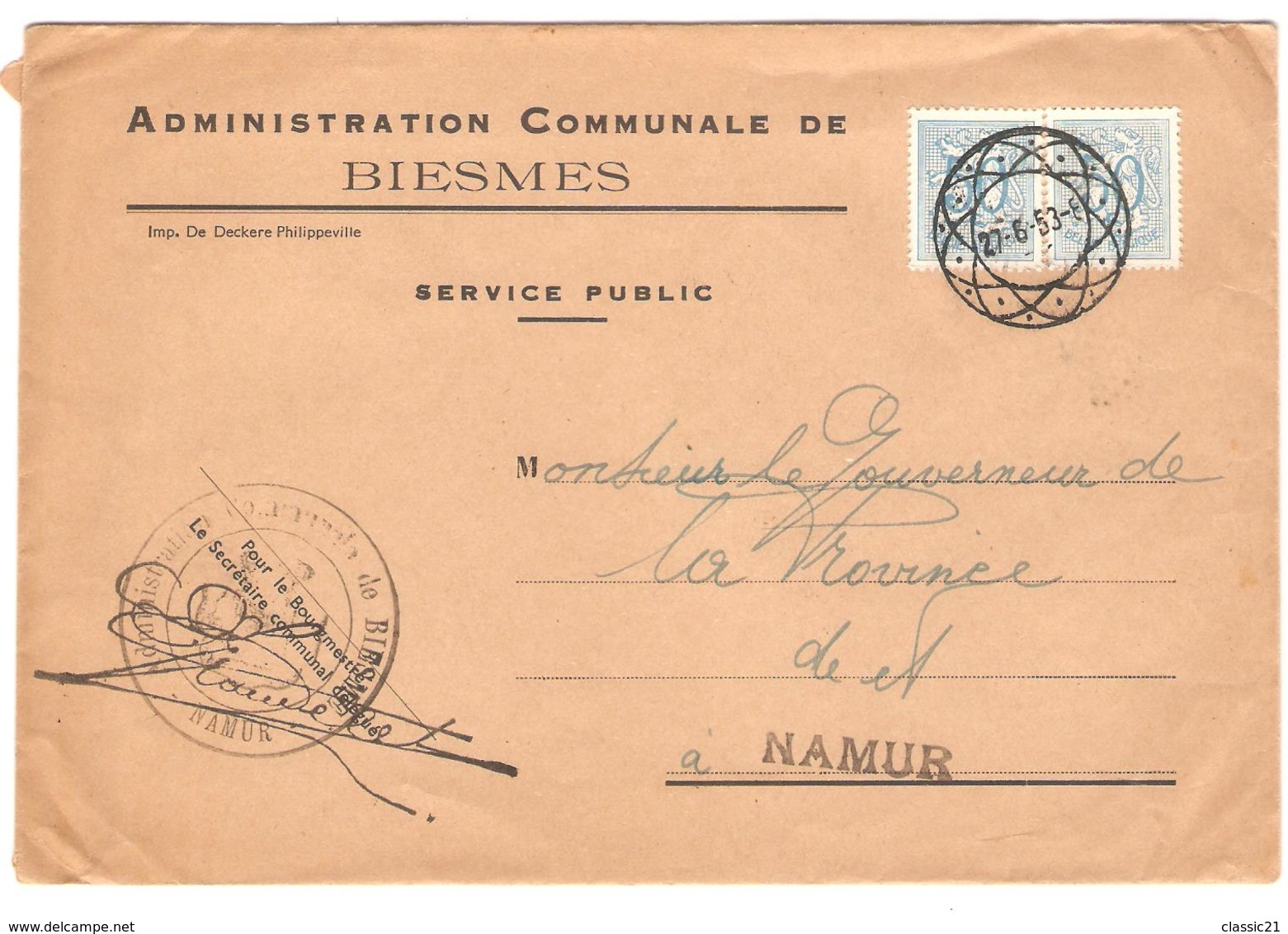 TP 854(2) S/L.Adm.Communale De Biesmes C.Diamant 27/6/53 V.Namur 2222 - Briefe U. Dokumente